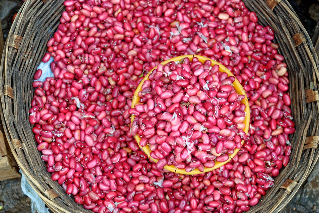 Vibrant pink beans filling a woven basket, showcasing freshness and abundance.